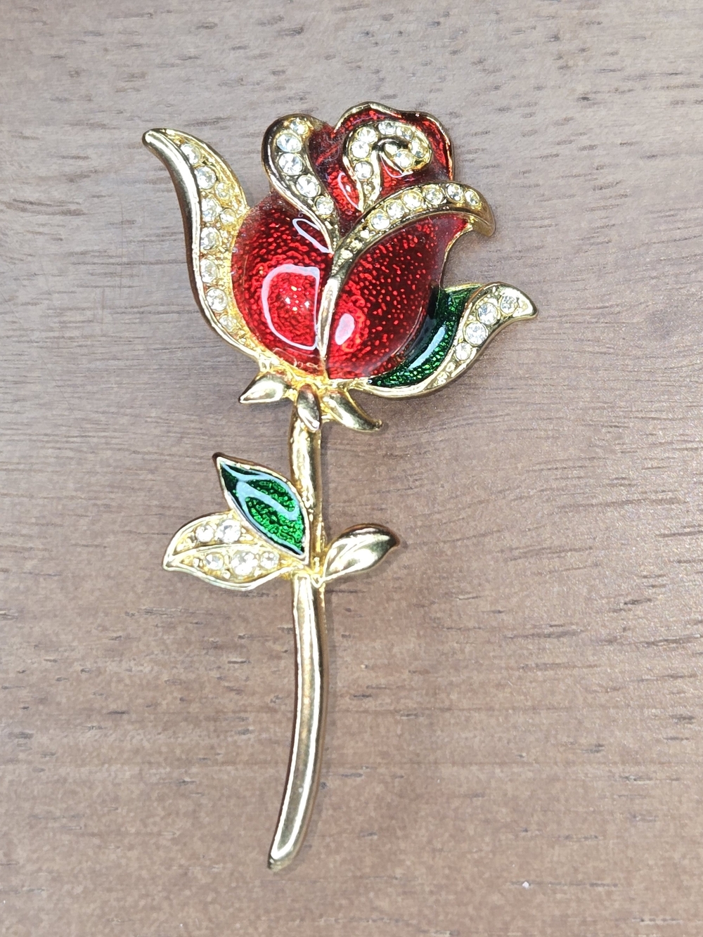 Vintage Enameled Rose Brooch Pin Red Green Gold Tone 2 1/2" Rhinestones Flower